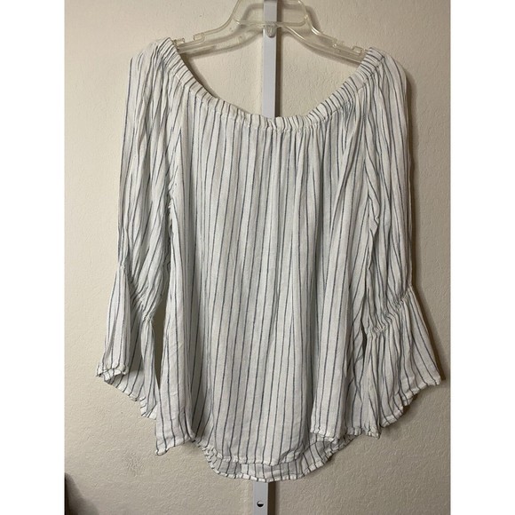 Sanctuary blue & white striped off shoulder top Linen blend size L - Picture 7 of 10